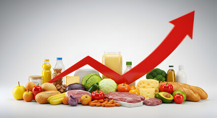 Food Items Illustration Displaying a Red Upward Arrow Against a White Background Symbolizing Rising Food Costs