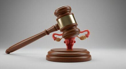Gavel Placed Atop Uterus Model Stand Symbolizing Reproductive Rights on Neutral Gray Background
