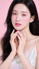 Naklejka premium 手を組んで見つめる清楚な女性のポートレート