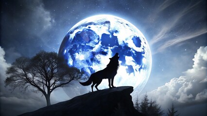 Photo of a wolf howls at a massive glowing full moon in a dramatic night sky filled with clouds and stars