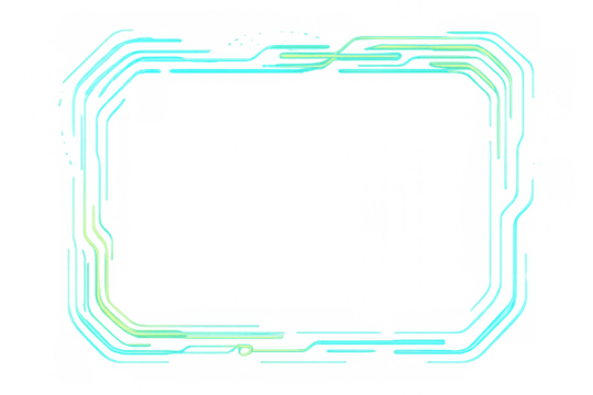 Luminous neon rectangular border with curved edges, highlighting digital aesthetic against translucent backdrop