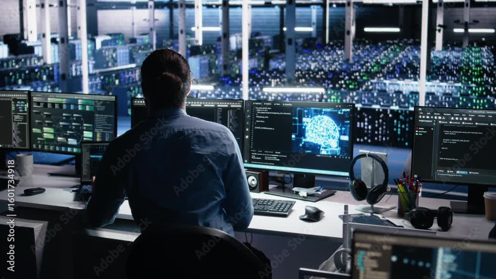Poster data center computer scientist using pc to monitor neural network using ai llm. it expert at work us