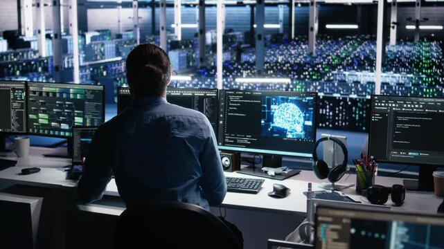 Data center computer scientist using PC to monitor neural network using AI LLM. IT expert at work using artificial intelligence to oversee servers powering machine learning, camera A