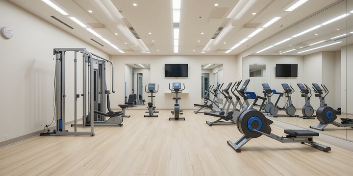 Spacious and modern gym interior with various exercise equipment and bright lighting