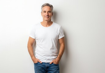 Fototapeta premium Portrait of a confident and handsome mature man with gray hair, wearing a white t-shirt and smiling while standing against a white background.