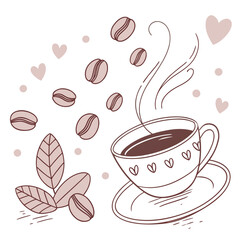 Obraz premium A steaming coffee cup with scattered beans and leaves vector