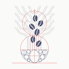 Abstract coffee bean illustration with flowing lines and circles coffee beans