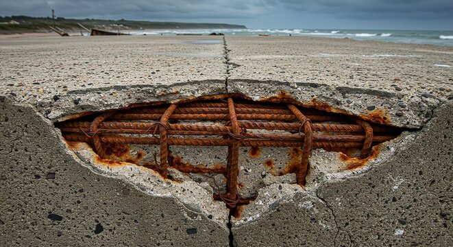 Concrete decay and corrosion concept showing rusted rebar on a beach pier with ocean view scene near coast