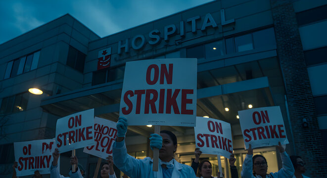 Hospital Workers Hold Signs In Labor Strike During A Dusk Protest With Modern Architecture And Illuminated Building