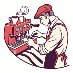 Barista preparing coffee with espresso machine and cups preparation