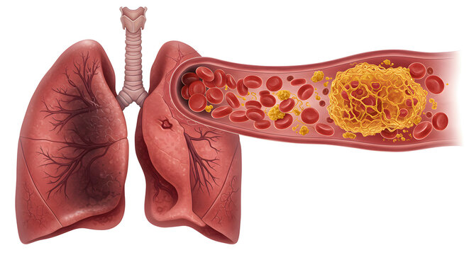 Human Lungs Illustration Showing Blood Clot Embolism Pulmonary Anatomy In Detailed Medical Diagram on White Background