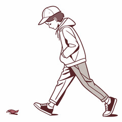 Fototapeta premium Boy in baseball cap and hoodie looking down at bird pants sneakers