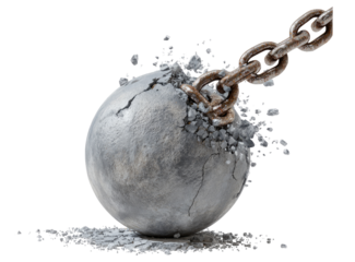 A weighty ball bursts apart, with a chain emerging from the breach