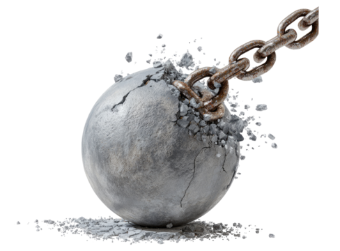 A weighty ball bursts apart, with a chain emerging from the breach