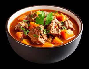 A bowl of beef stew isolated on a black background.
