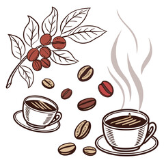 Coffee beans and cups with steam branch