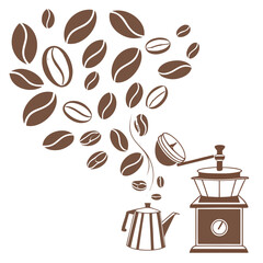 Coffee beans pouring from grinder into pot coffee grinder coffee pot