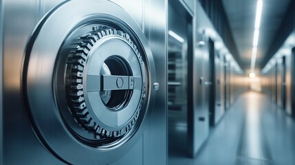 A close-up view of a massive, secure vault door with a complex locking mechanism, set within a long, dimly lit corridor of a bank or data center.