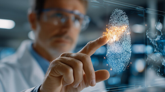 The Future of Forensics: A scientist in a lab coat examines a digital fingerprint on a futuristic screen, symbolizing technological advancement in forensics.