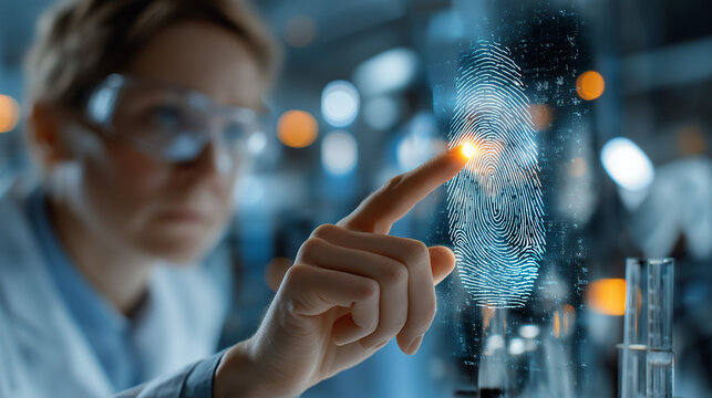 Biometric fingerprint research: A focused scientist in a modern laboratory interacts with a digital fingerprint representation, symbolizing the advancements in biometric science and research. - Powered by Adobe