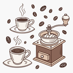 Coffee cups and grinder with beans vector