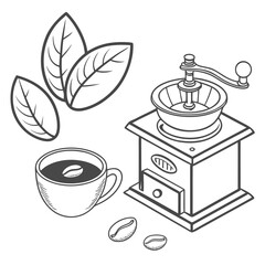 Coffee grinder cup leaves beans minimal line art vector