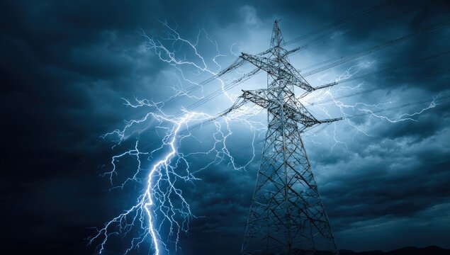 Powerful lightning strikes a tall metal power pylon against a dark stormy sky