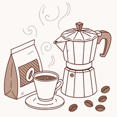 Cozy coffee setup with moka pot and beans coffee beans coffee cup