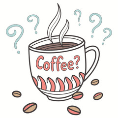 Curious coffee cup with steam and scattered beans question marks