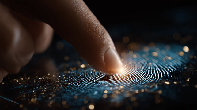 Fingerprint Recognition: A fingertip poised over a glowing fingerprint sensor, representing the cutting edge of digital security, highlighting the intricate detail of the unique biometric pattern.