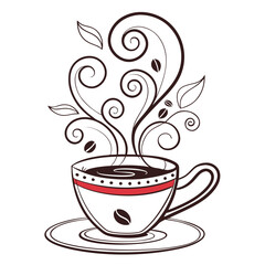 Decorative Coffee Cup with Swirls and Beans saucer steam