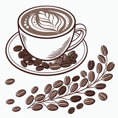 Detailed coffee cup with latte art and coffee beans beverage drink