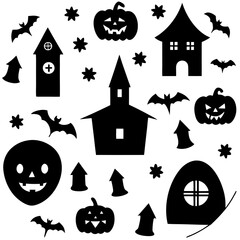 Black Halloween Silhouettes Featuring Pumpkins Bats Houses and Stars on White
