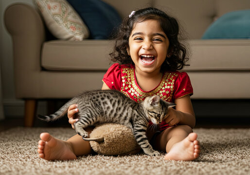 Child and Kitten Playtime. Joyful Moments. Furry Fun with a Tiny Friend. August 8 International Cat Day - Powered by Adobe