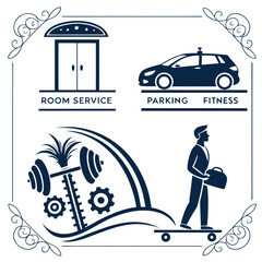 Elegant resort amenities icons dark blue room service parking