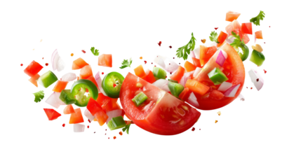 Tomato and diced vegetables are floating on a transparent background.