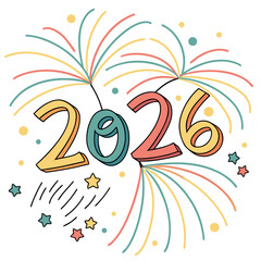 Festive year celebration with colorful fireworks and stars new year typography