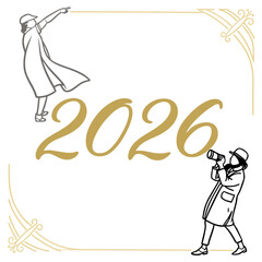 Figures pointing and observing with gold year 2026 people