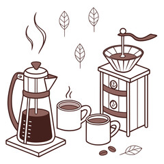 French press coffee maker with steaming cups and grinder coffee beans