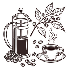 French press coffee with beans and plant coffee beans coffee cup