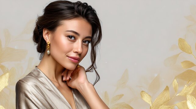Elegant portrait of a woman with natural makeup and delicate earrings against a soft golden background
