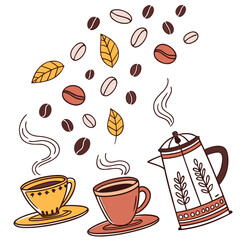 Hand drawn coffee cups and beans with leaves steam