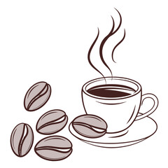 Hot coffee cup with scattered coffee beans drink