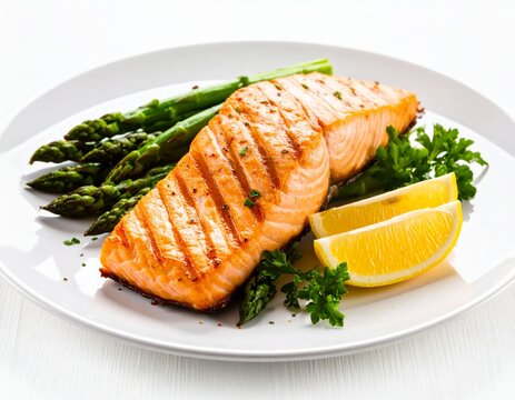: "A dynamic and mouth-watering image of a grilled salmon fillet served with steamed asparagus and lemon wedges. The focus is on the perfect grill marks on the salmon and the vibrant green of the aspa