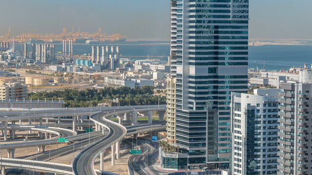 Aerial view of a sheikh zayed road intersection in a big city timelapse.