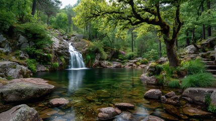 Obraz premium Cascading waterfall lush forest nature scene tranquil environment serene viewpoint natural beauty