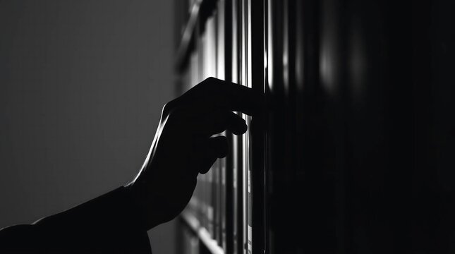 Intriguing silhouette of a hand reaching for knowledge among library shelves in atmospheric monochrome