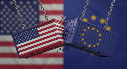 Trade Dispute Concept Featuring Containers Clashing with American and European Flags on Chain with Collision Debris