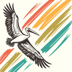 Majestic pelican soaring with colorful abstract brush strokes bird flight