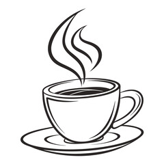 Minimalist black and white illustration of a steaming coffee cup on a saucer hot beverage